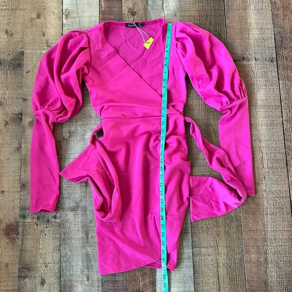 Bohoo Pink Scuba Puff Sleeve Wrap Mini Dress With Belt Size 2 - Picture 6 of 11